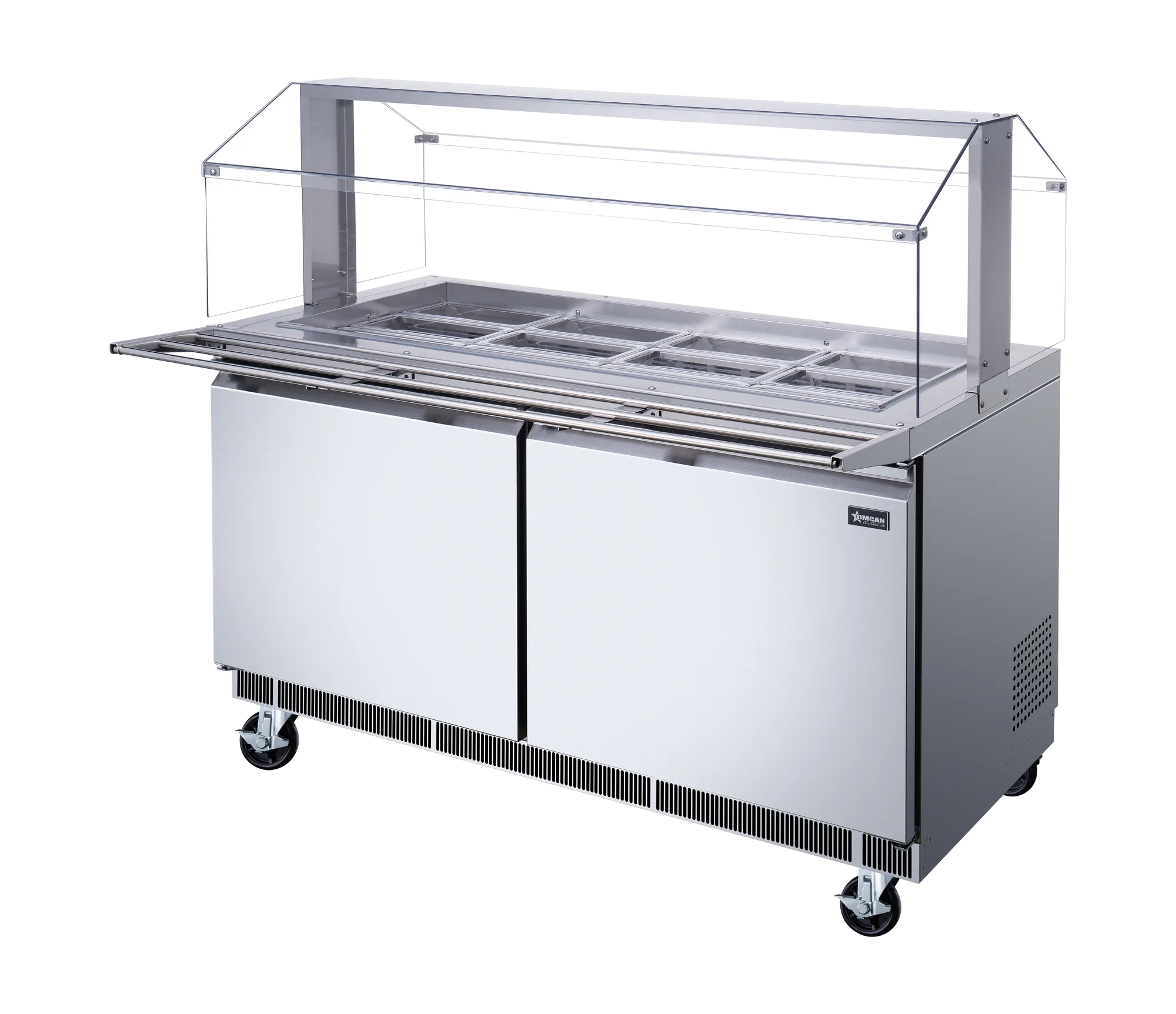 60″ Stainless Steel Refrigerated Salad Bar / Cold Food Table with Sneeze Guard, Tray Slide and Pan Covers