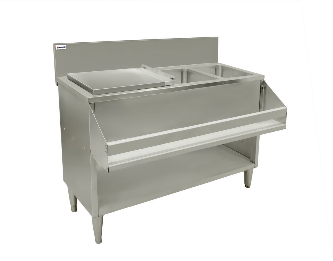 36″ Cocktail Mix Unit with 7″ Back Splash, 20″ x 12″ x 10″ Ice Bin with Sliding Cover, and 10″ x 12″ x 10″ Sinks