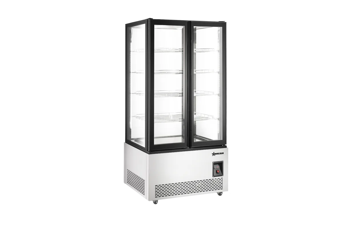 40” Four (4) Shelf 4-Sided Glass Display Freezer with Front and Back Glass Door, 21.18 cu.ft. (600 L), Stainless Steel