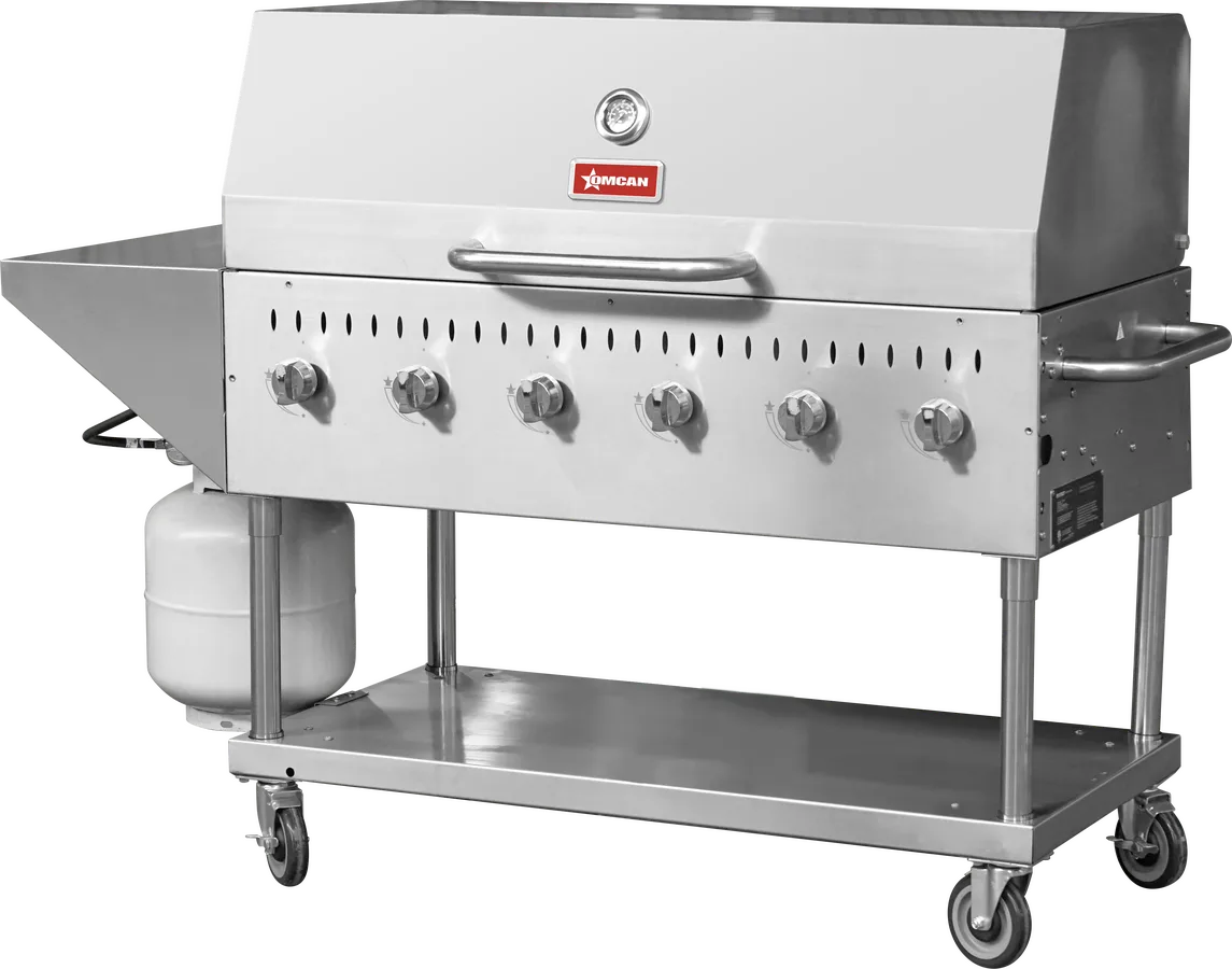 Stainless Steel Propane Outdoor BBQ Grill, 6 Burners, 96000BTU, Top And Side Shelf, 1 Roll Dome