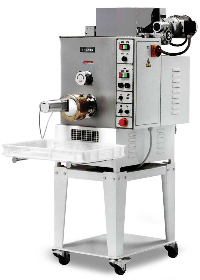 Trento TRD110 75 lb/hr (34 kg/hr) Pasta Machine with Dual Tank, Cooling System and Trolley, 2+0.75 HP, 208 V, 3 Phase