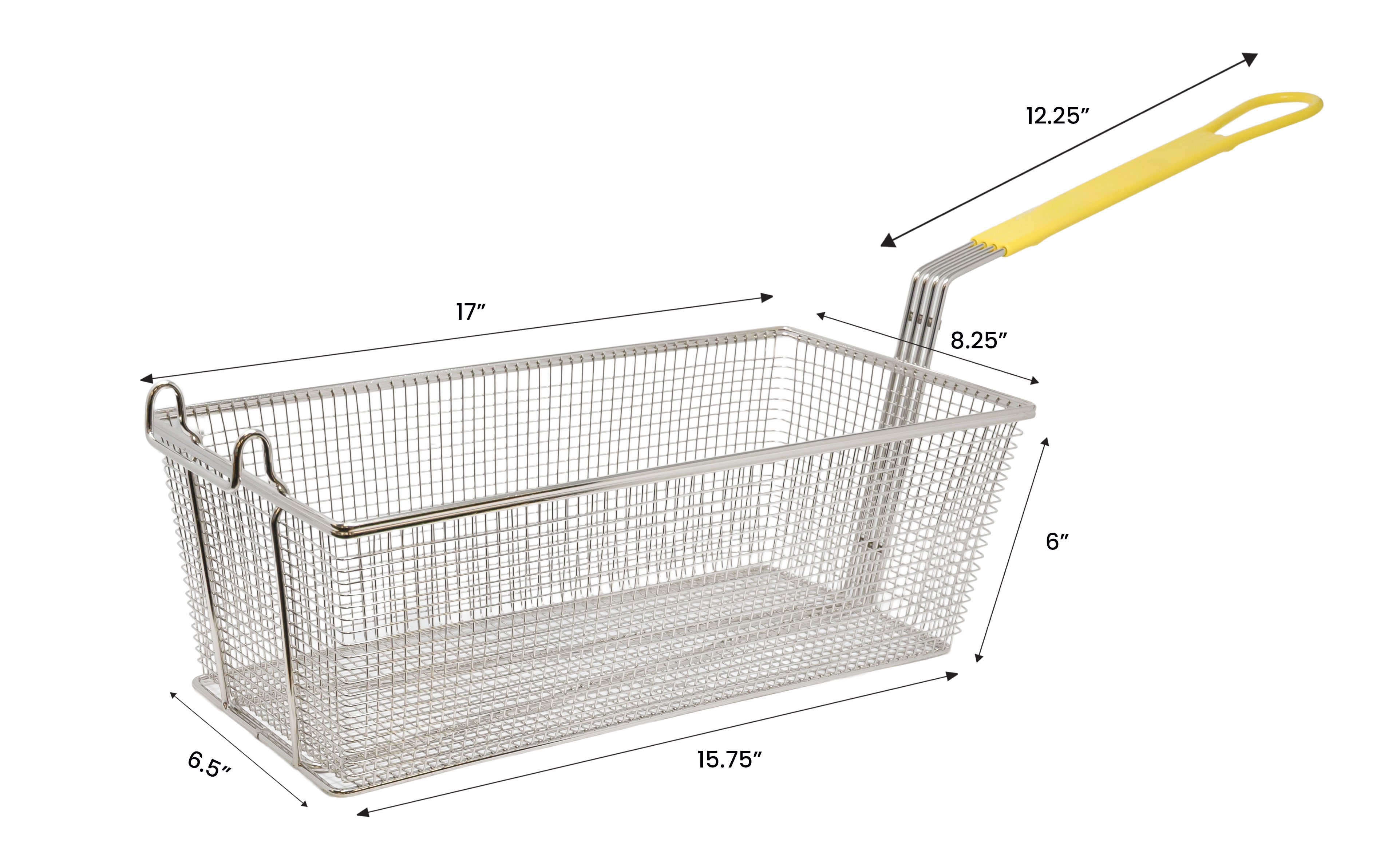 17″ x 8 1/4″ x 6″ Nickel-Plated Iron Fryer Basket with Yellow Handle