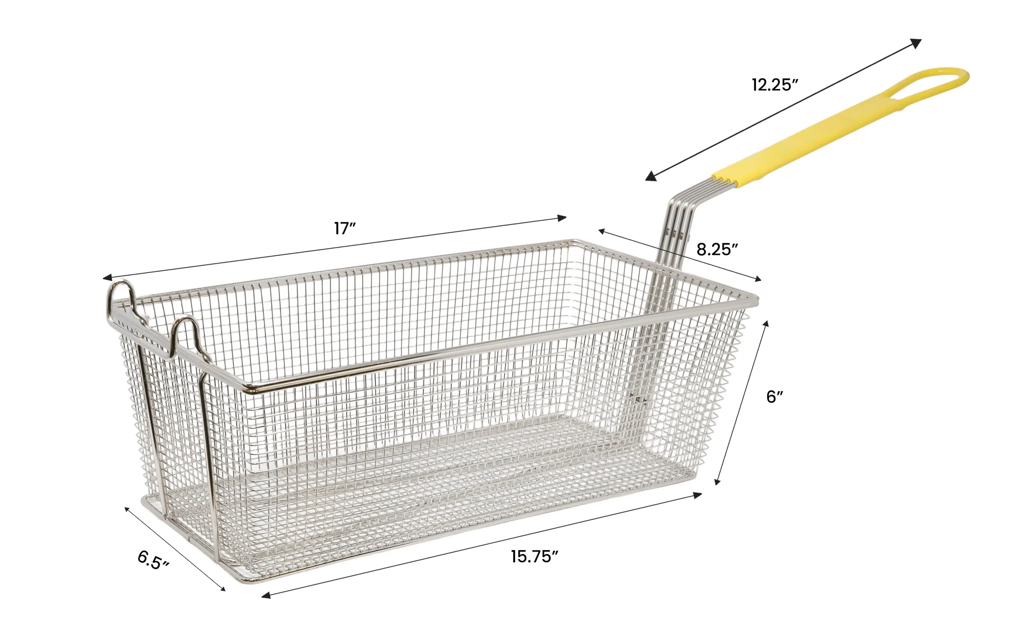 17″ x 8 1/4″ x 6″ Nickel-Plated Iron Fryer Basket with Yellow Handle