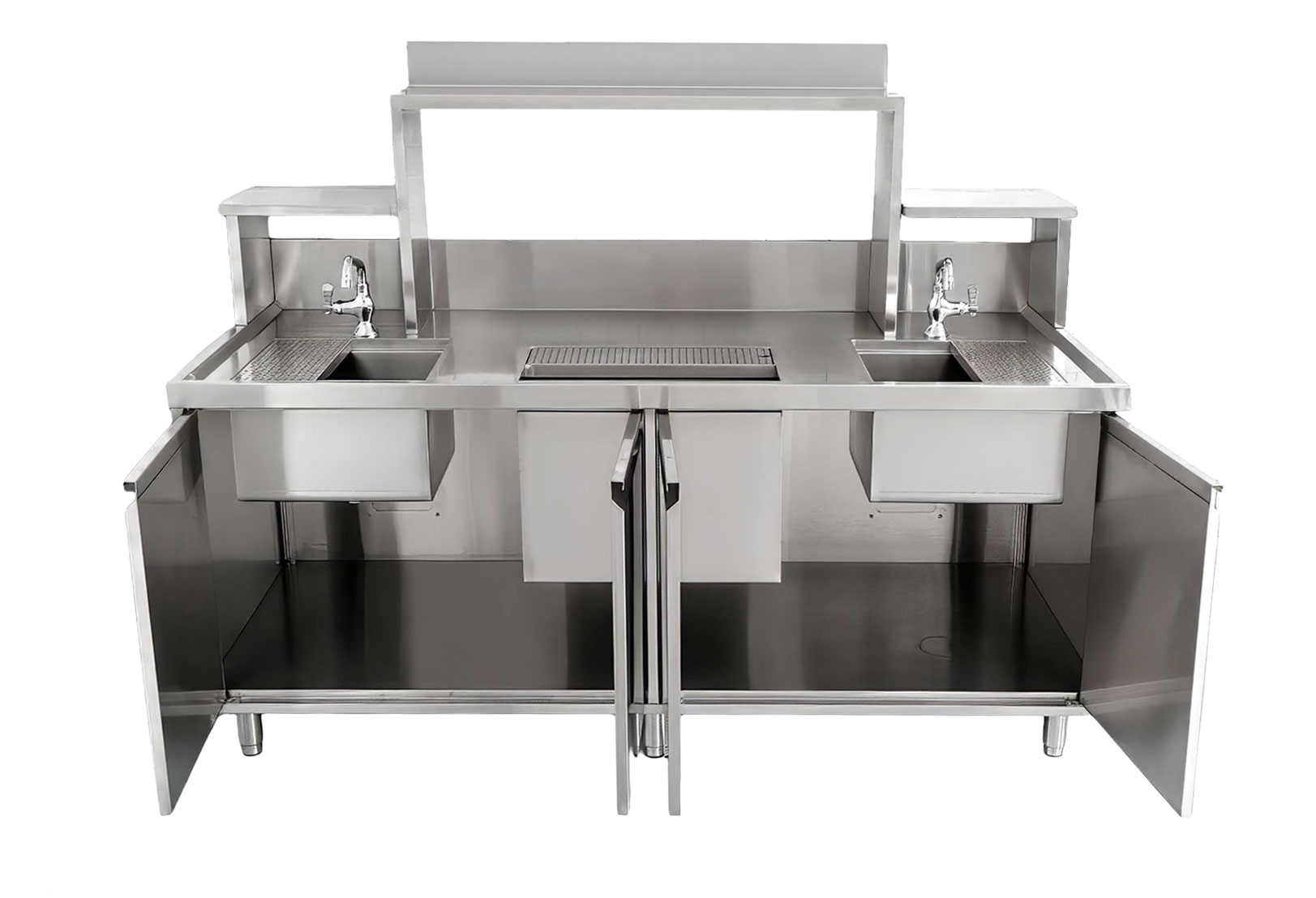 72” x 30” x 34” Bubble Tea Station with 6” Backsplash, Two 15” x 15” x 10” Sinks, Drainage Panels & Overshelves