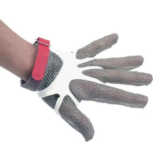 Five Finger Stainless Steel Mesh Glove with Red Silicone Strap - Medium