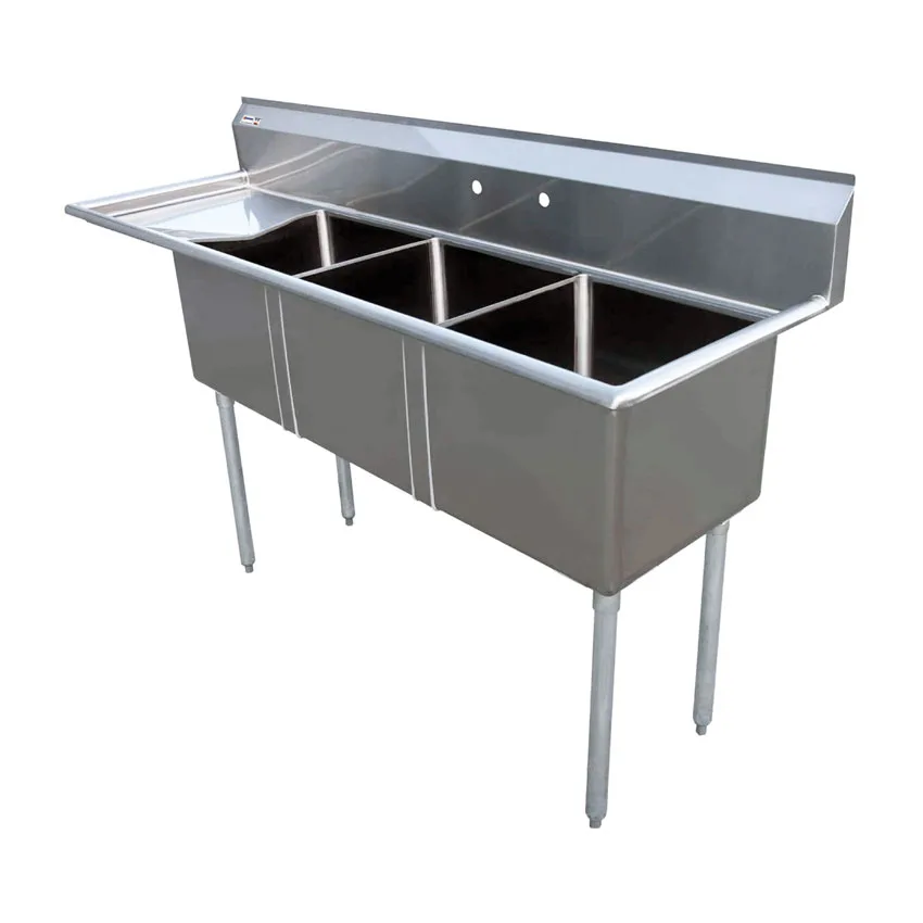 18″ x 18″ x 11″ 18-gauge stainless steel Three Tub Sink with 1.8″ Corner Drain and Left Drainboard