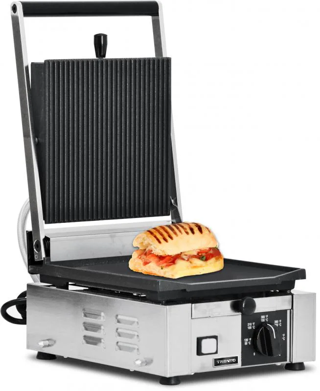 Trento 10″ x 9″ Single Panini Grill with Grooved Top and Smooth Bottom Grill Surface