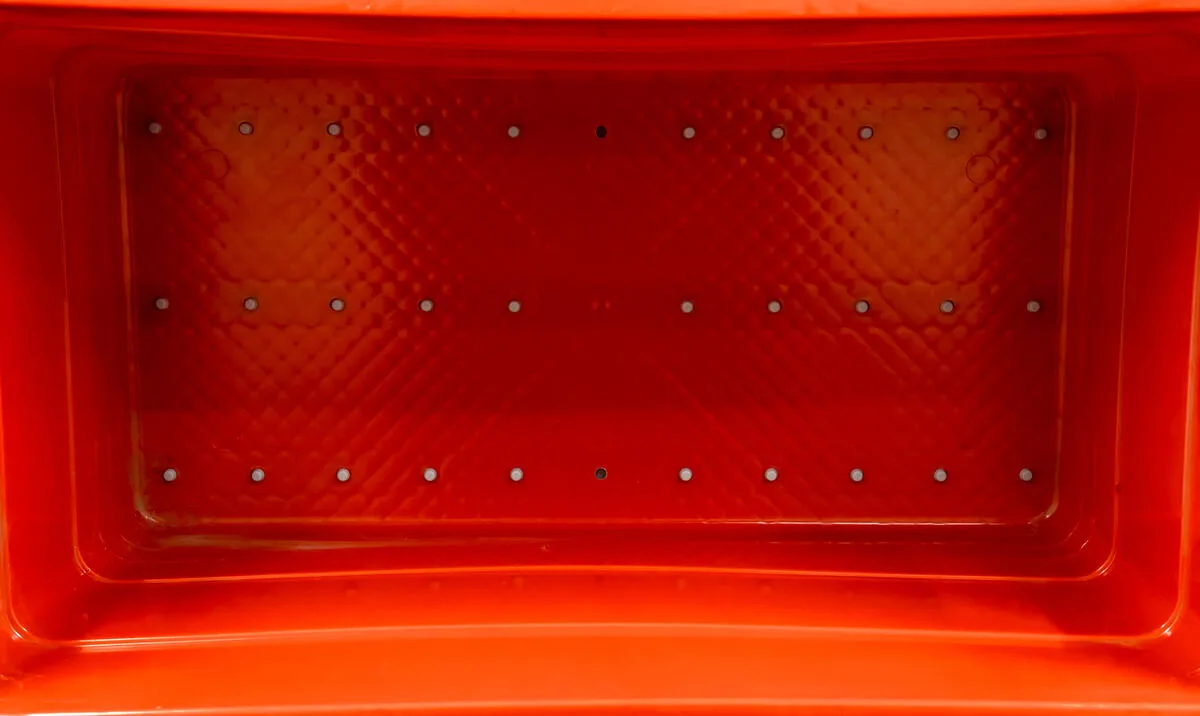 28″ x 15″ x 12 1/2″ Red Polyethylene Bus Box with Open Handles