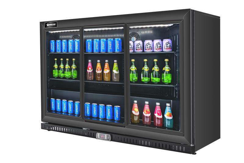 54" Three (3) Sliding Door Back Bar Beverage Cooler with Lock, 11.6 cu.ft (328 L), Black