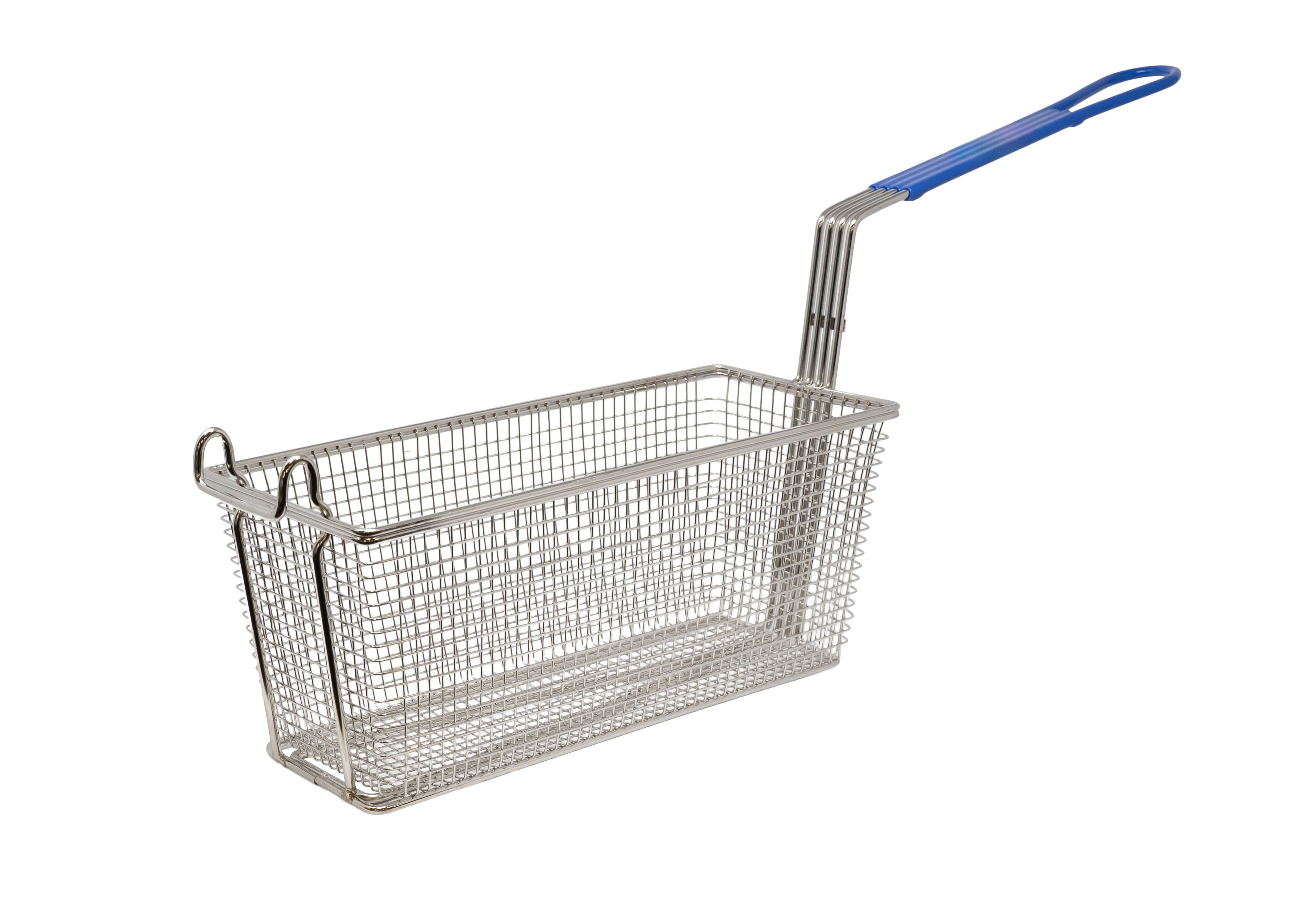 13 1/2″ x 5 1/2″ x 5 1/2″ Nickel-Plated Iron Fryer Basket with Blue Handle