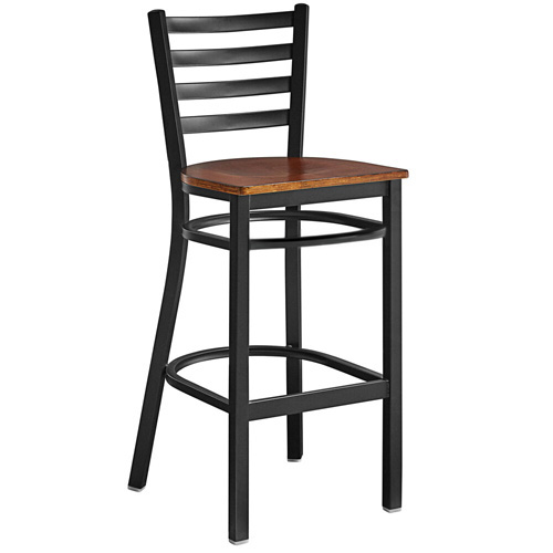 Bar Height Metal Ladder Back Chair with Walnut Wood Seat