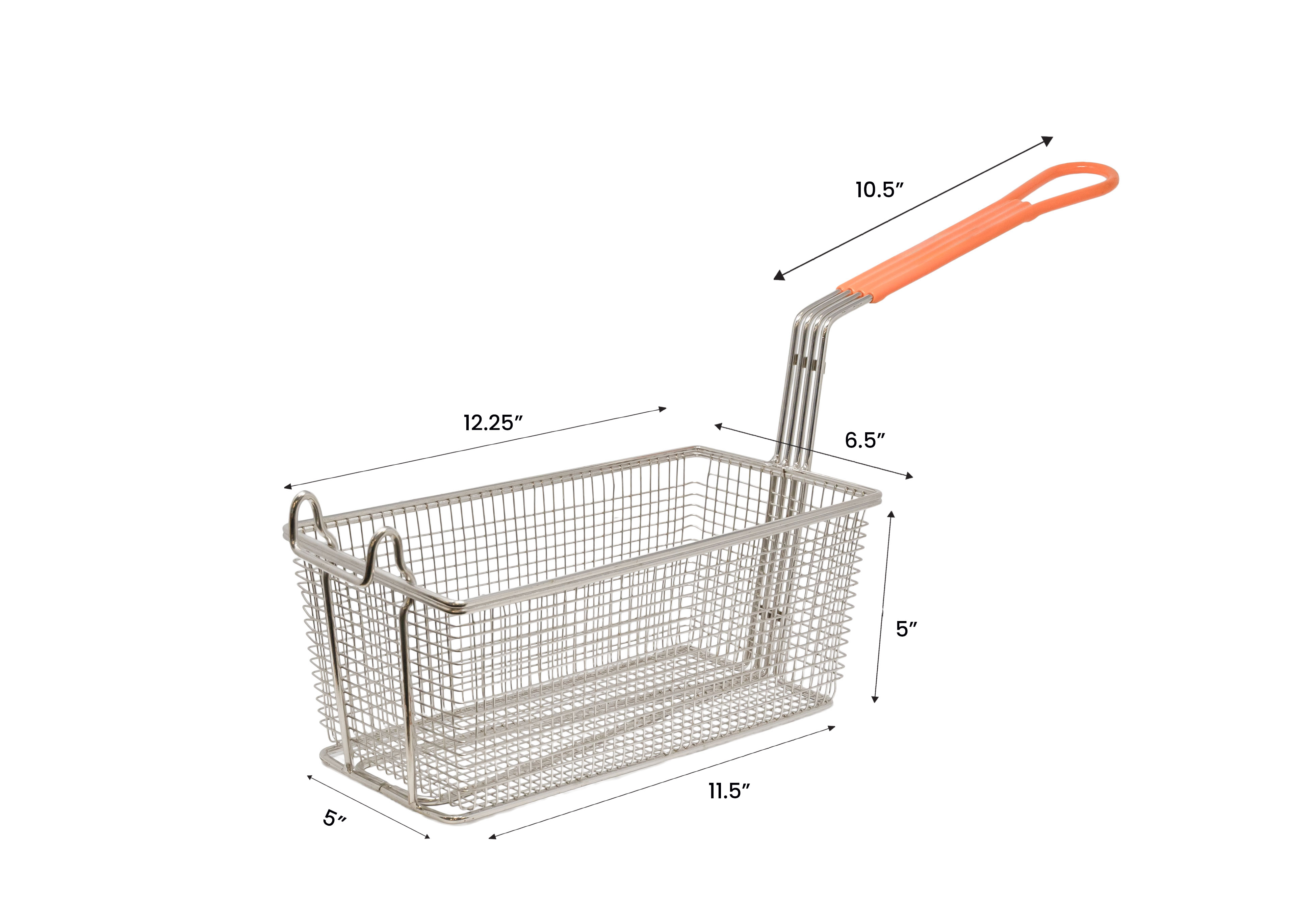 12 1/4" x 6 1/2" x 5" Nickel-Plated Iron Fryer Basket with Orange Handle