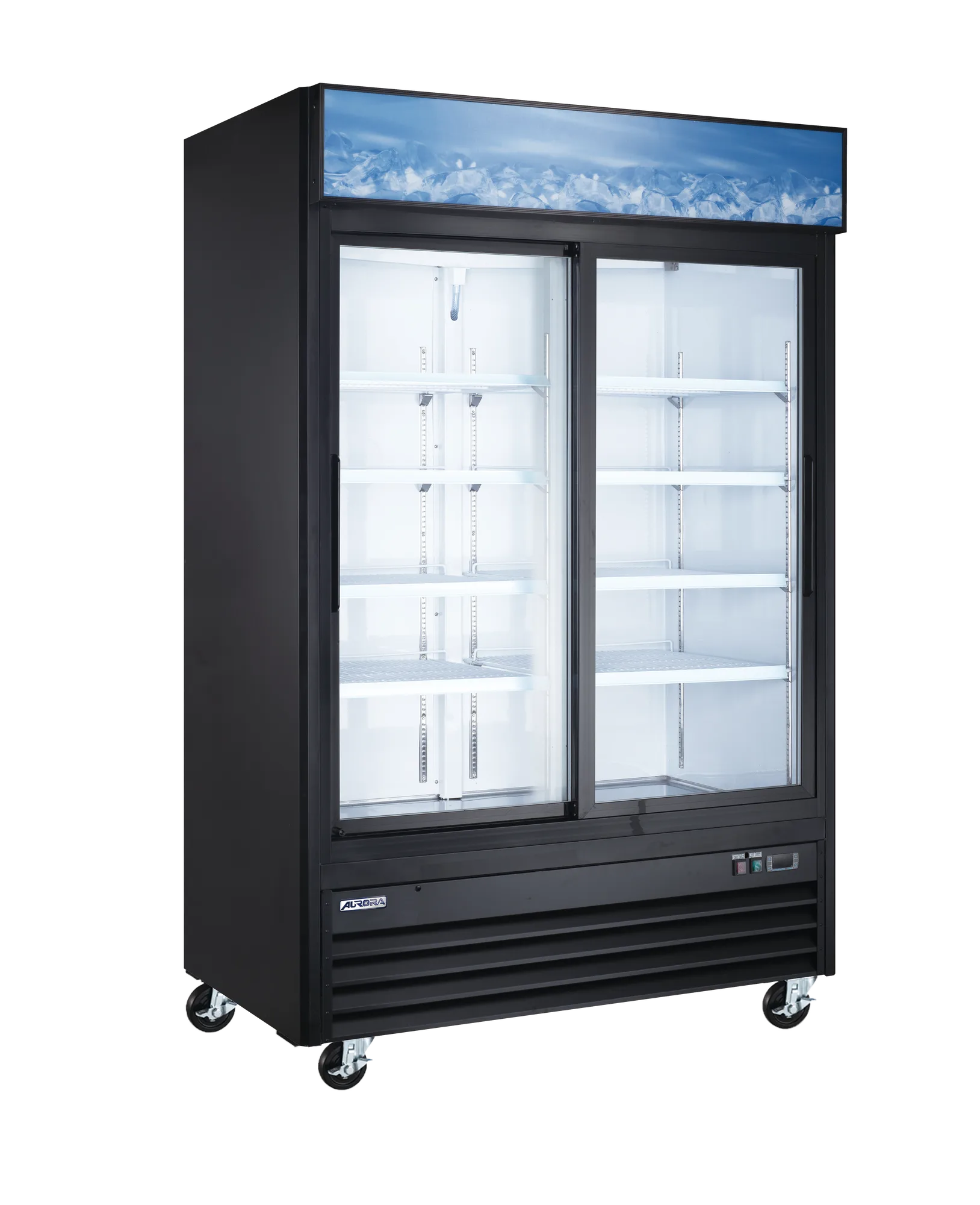 Aurora 54″ Two (2) Sliding Glass Doors Display Refrigerator with Lightbox, 45 cu.ft. (1274 L), Black