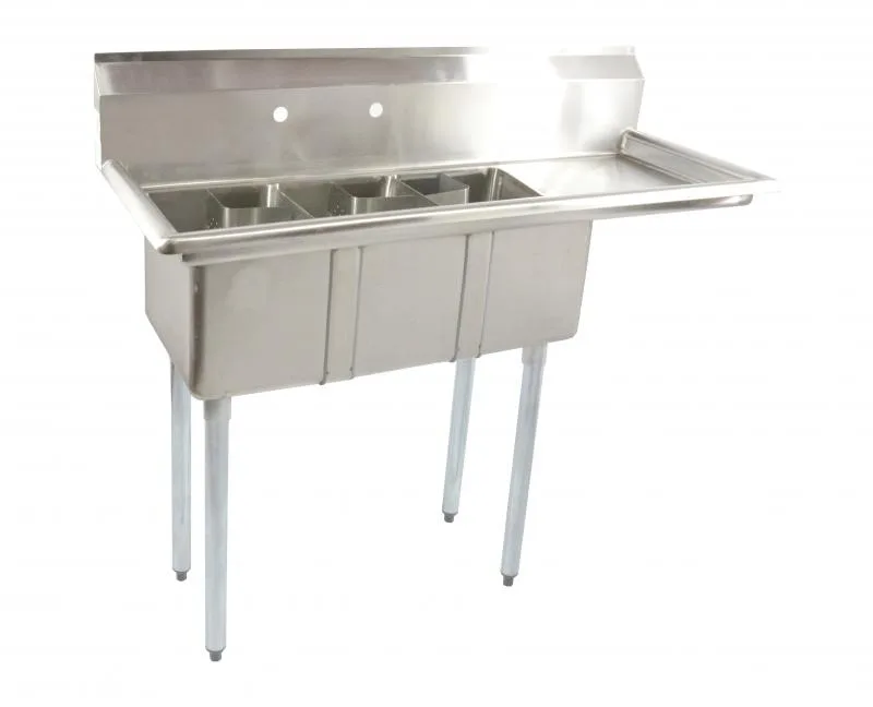 10″ x 14″ x 10″ Stainless Steel Three Tub Space Saver Sink with 16″ Right Drainboard with Corner Drain