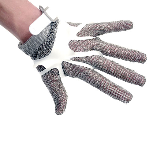 Five Finger Stainless Steel Mesh Glove with White Silicone Strap – Small