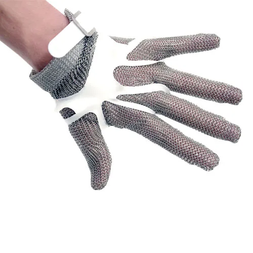Five Finger Stainless Steel Mesh Glove with White Silicone Strap – Small