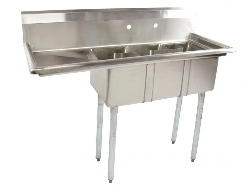 10″ x 14″ x 10″ Stainless Steel Three Tub Space Saver Sink with 16″ Left Drainboard with Corner Drain