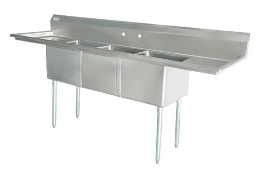 18″ x 21″ x 14″ 18-gauge stainless steel Three Tub Sink with 1.8″ Corner Drain and Two Drainboards
