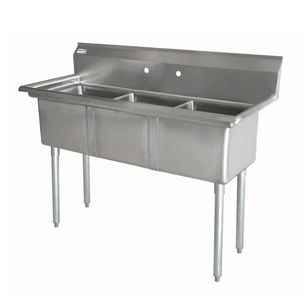 10″ x 14″ x 10″ 18-gauge stainless steel Three Tub Sink with 3.5″ Center Drain Without Drainboard