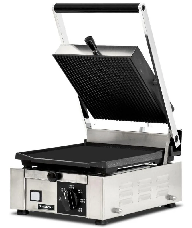 Trento 10″ x 9″ Single Panini Grill with Grooved Top and Smooth Bottom Grill Surface