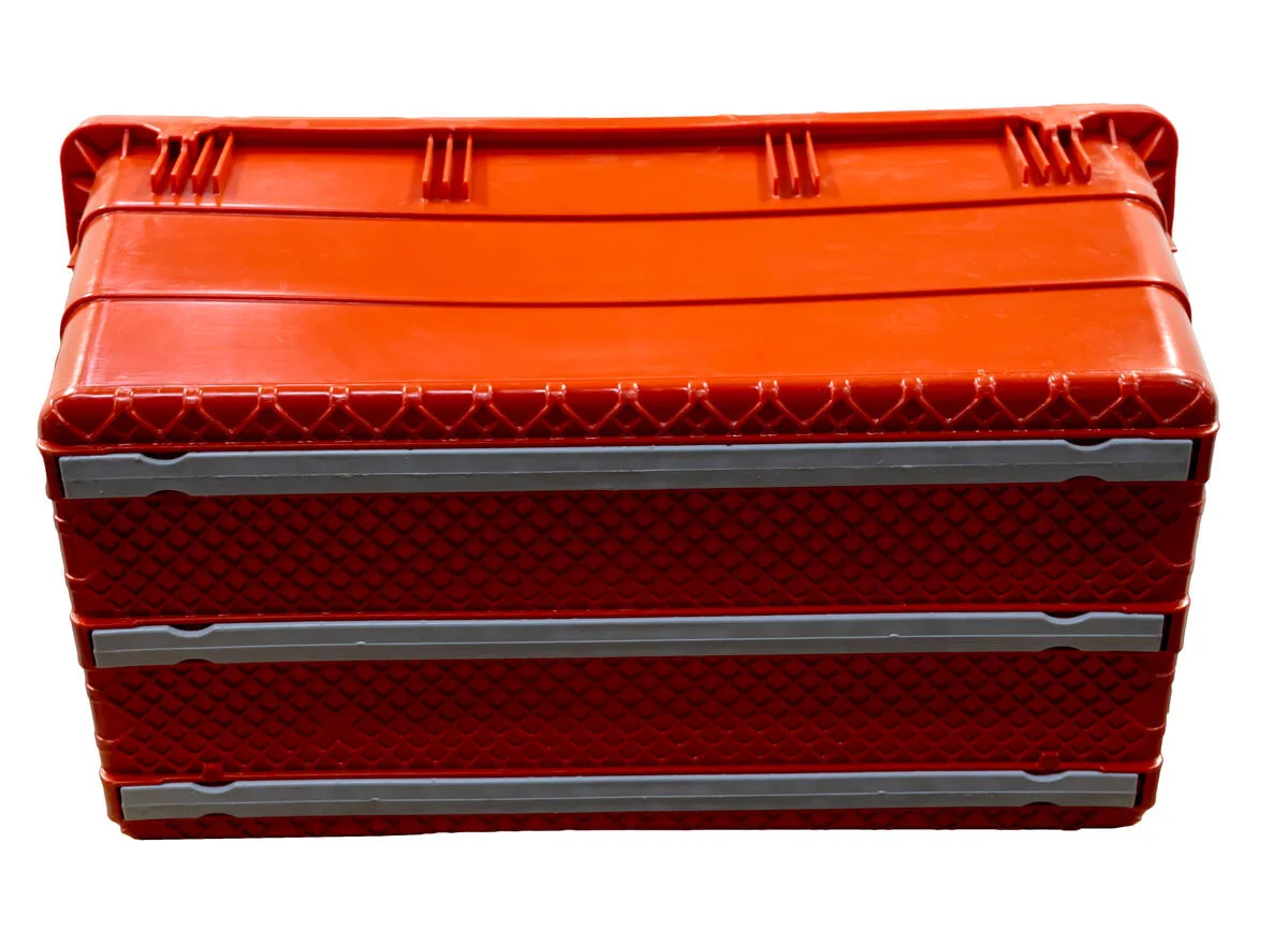 28″ x 15″ x 12 1/2″ Red Polyethylene Bus Box with Open Handles