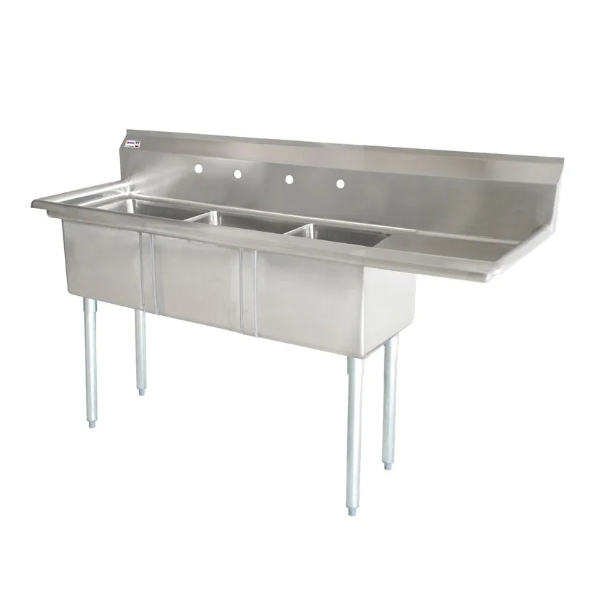 24″ x 24″ x 14″ 18-gauge stainless steel Three Tub Sink with 1.8″ Corner Drain and Right Drainboard