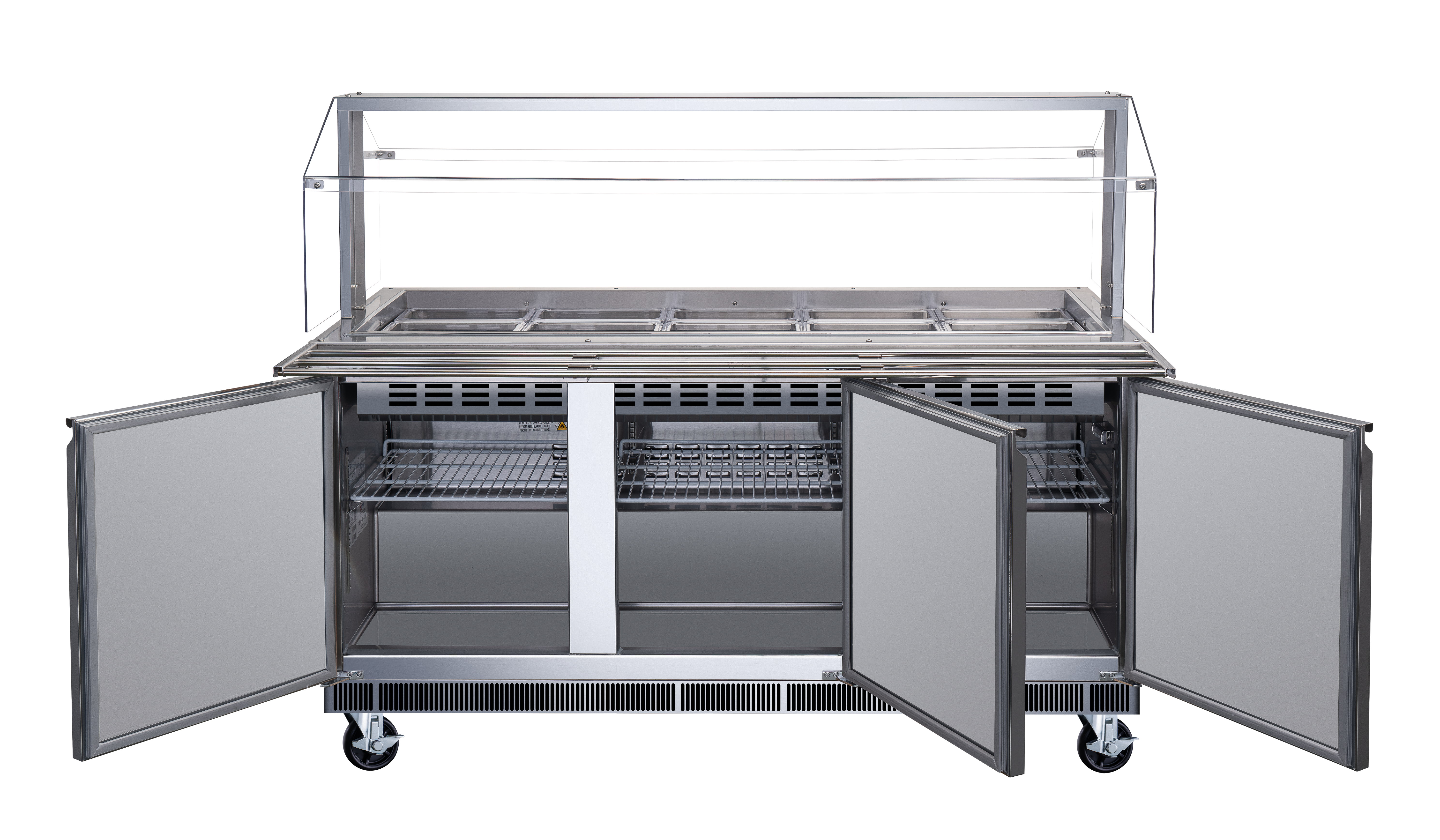 72″ Stainless Steel Refrigerated Salad Bar / Cold Food Table with Sneeze Guard, Tray Slide and Pan Covers