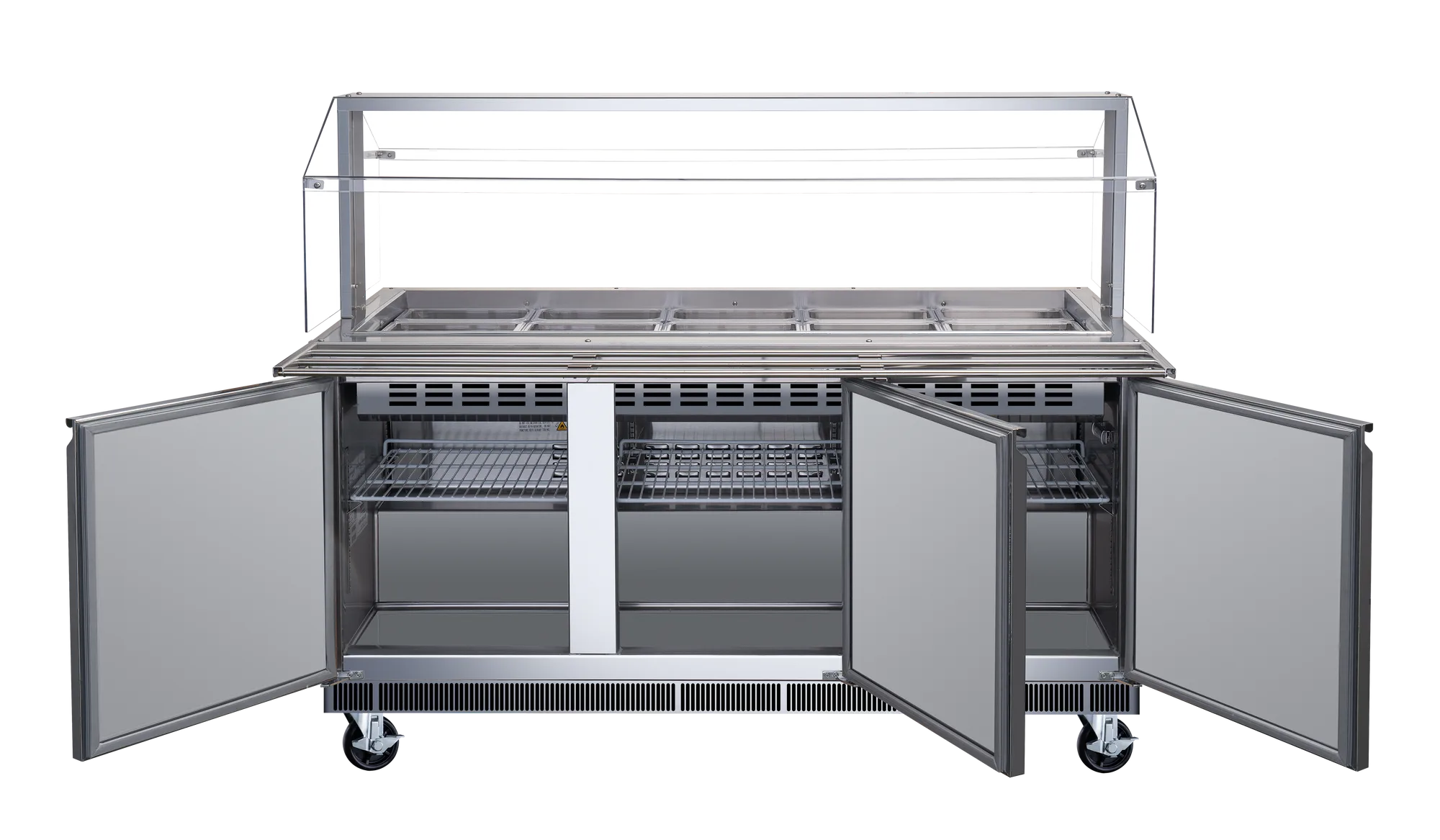 72″ Stainless Steel Refrigerated Salad Bar / Cold Food Table with Sneeze Guard, Tray Slide and Pan Covers