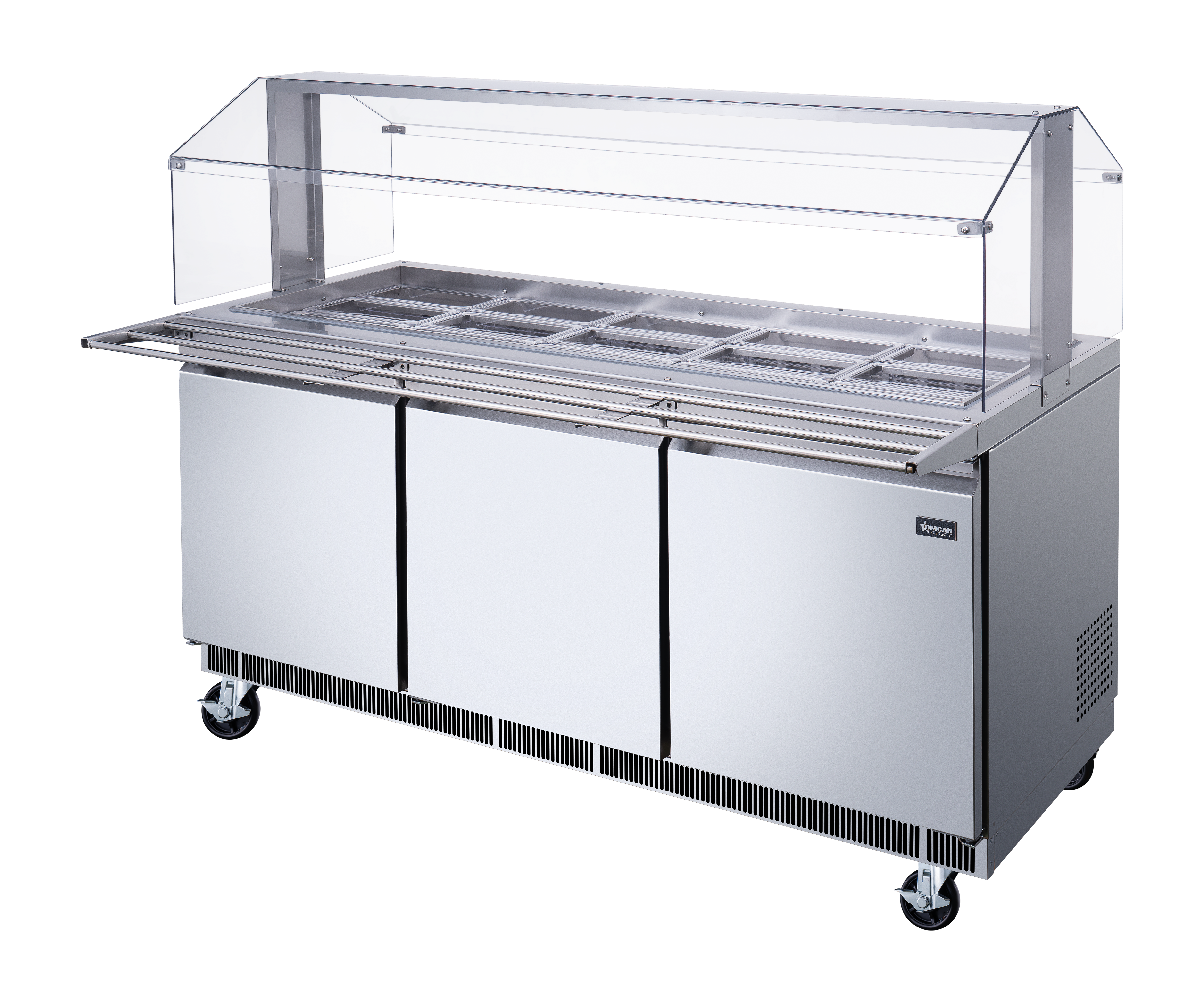 72″ Stainless Steel Refrigerated Salad Bar / Cold Food Table with Sneeze Guard, Tray Slide and Pan Covers