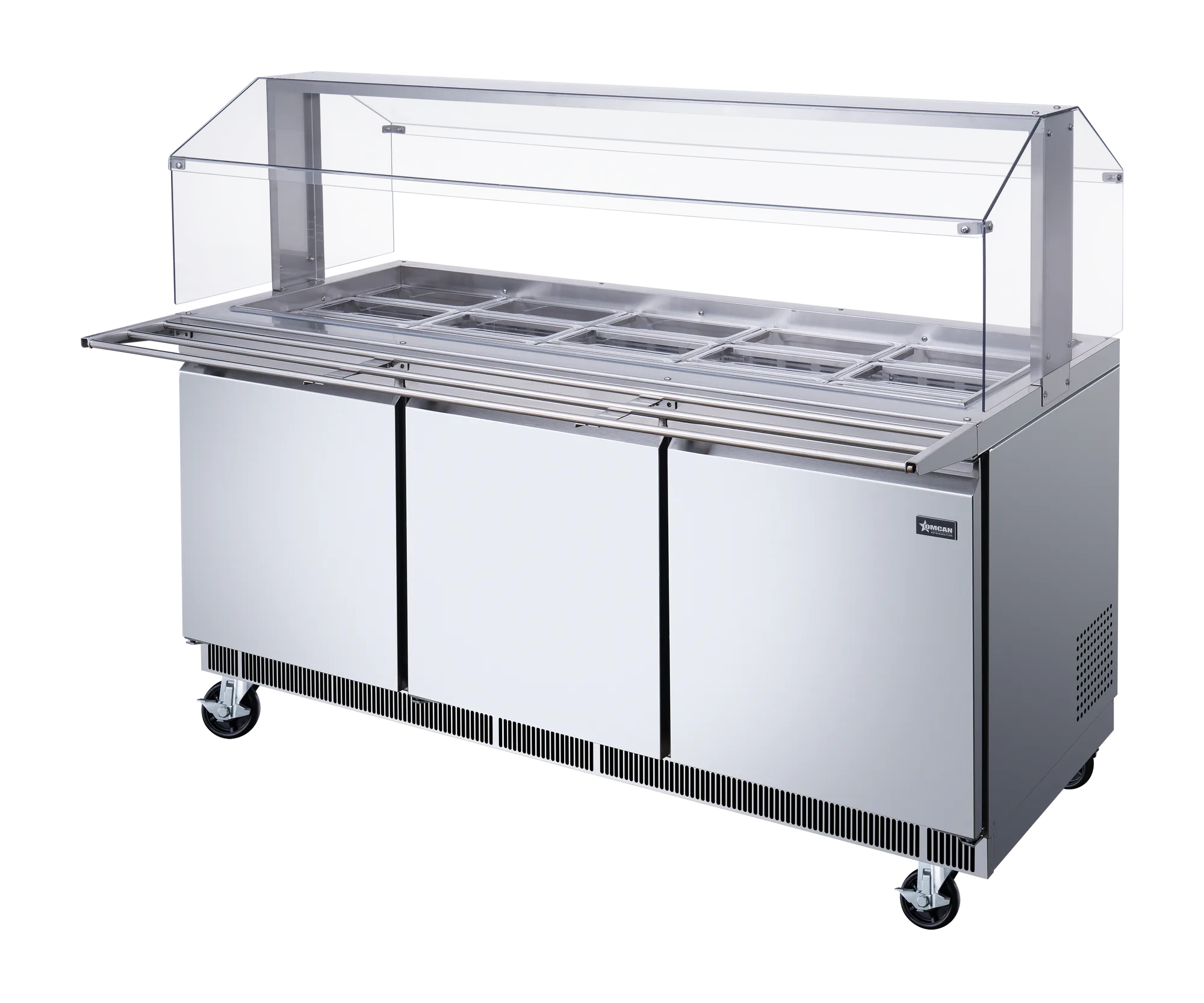 72″ Stainless Steel Refrigerated Salad Bar / Cold Food Table with Sneeze Guard, Tray Slide and Pan Covers