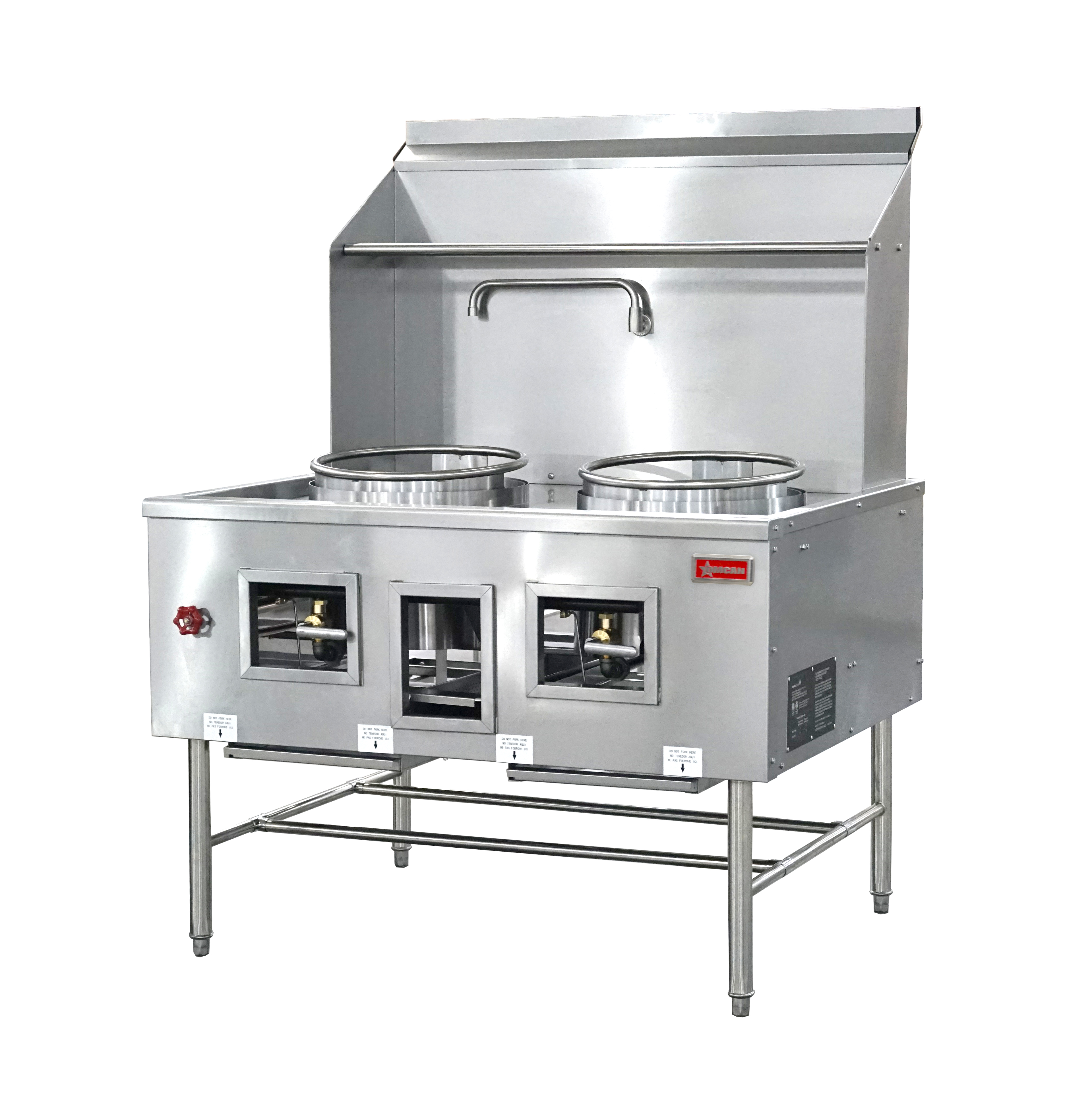 Two Chamber Wok Range with 2 x 16″ Rings, Backsplash, Faucet, 190,000 BTU – Natural Gas