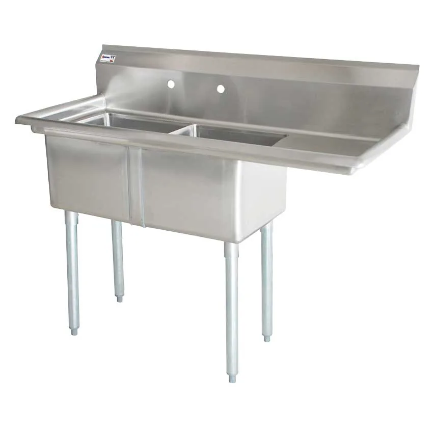 18″ x 18″ x 11″ 18-gauge stainless steel Two Tub Sink with 3.5″ Center Drain and Right Drainboard