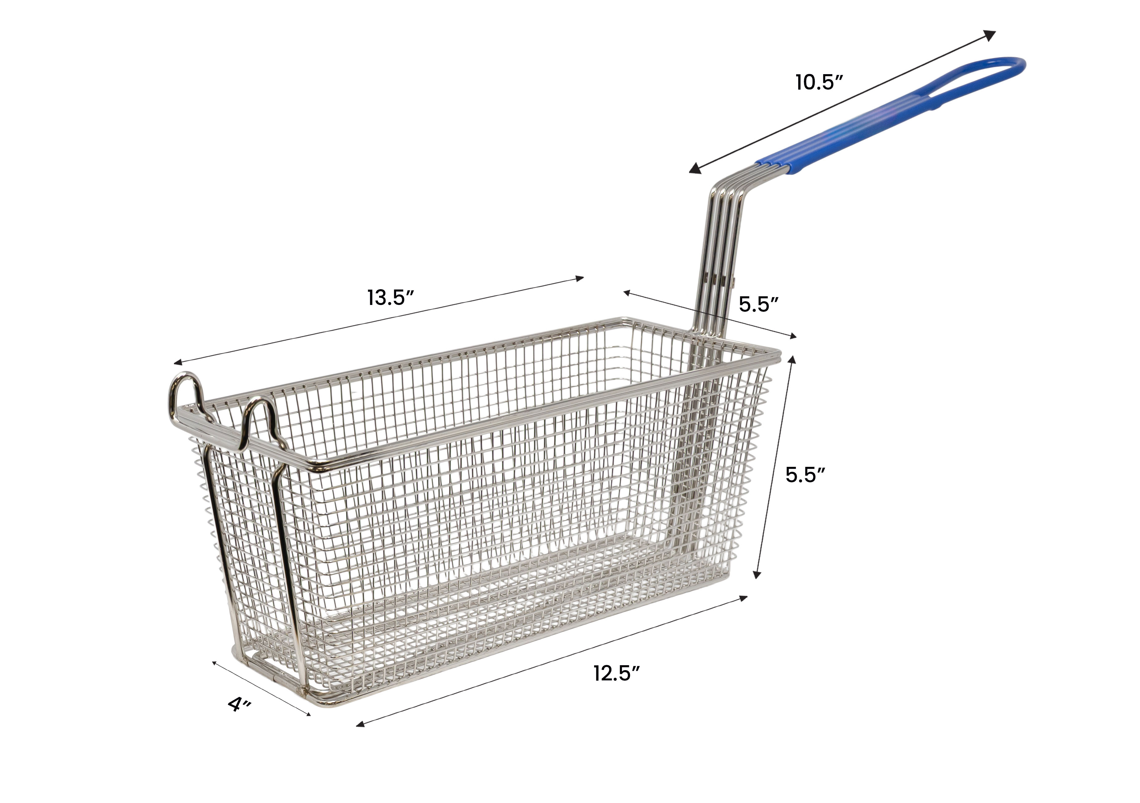 13 1/2″ x 5 1/2″ x 5 1/2″ Nickel-Plated Iron Fryer Basket with Blue Handle