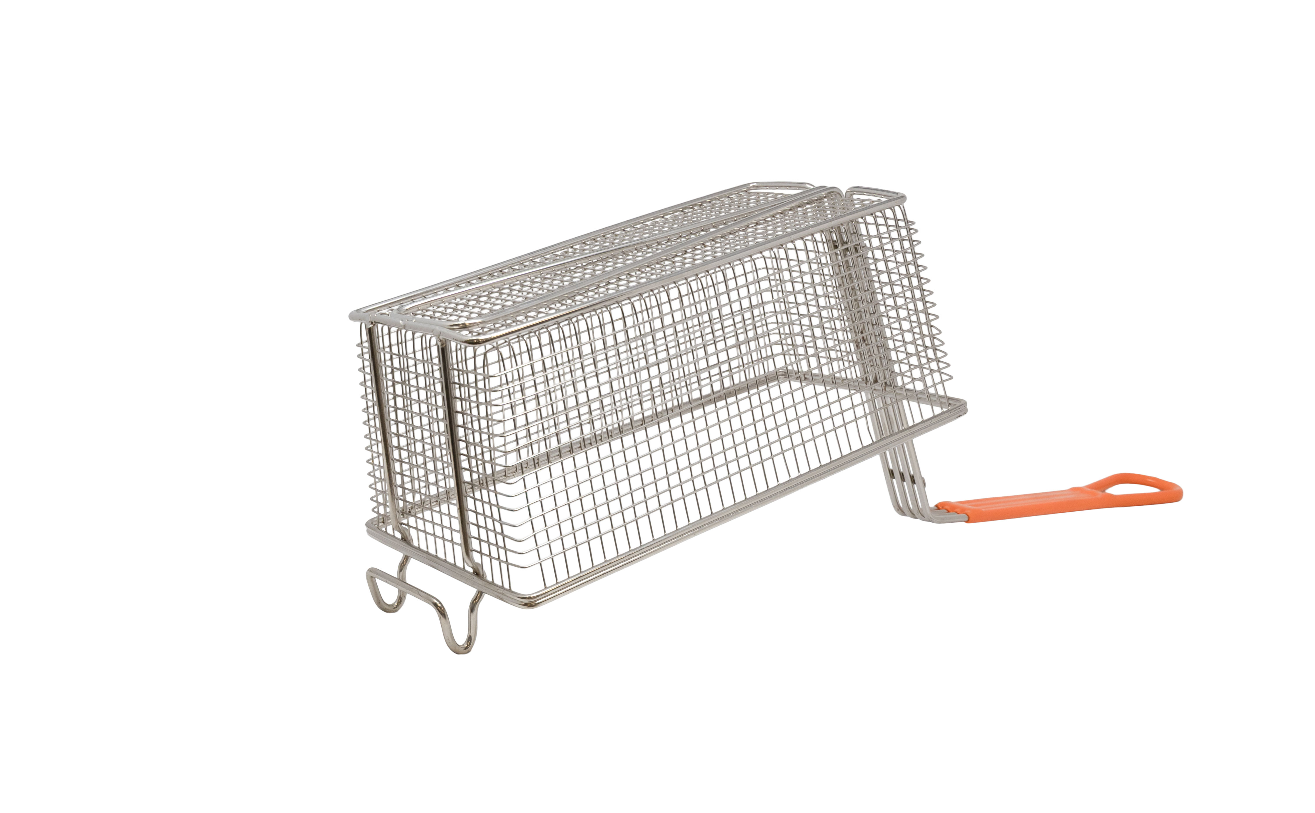12 1/4" x 6 1/2" x 5" Nickel-Plated Iron Fryer Basket with Orange Handle