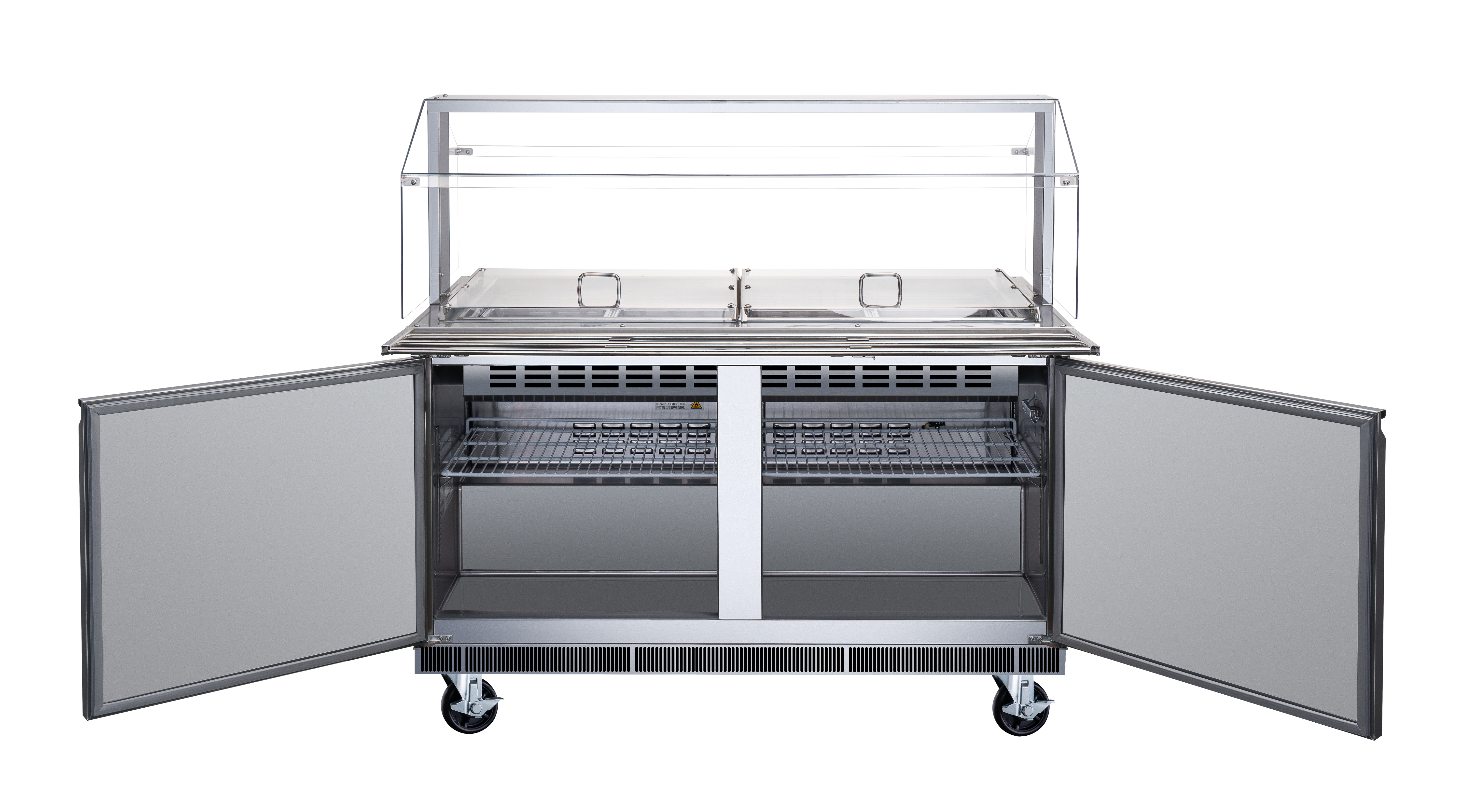 60″ Stainless Steel Refrigerated Salad Bar / Cold Food Table with Sneeze Guard, Tray Slide and Pan Covers