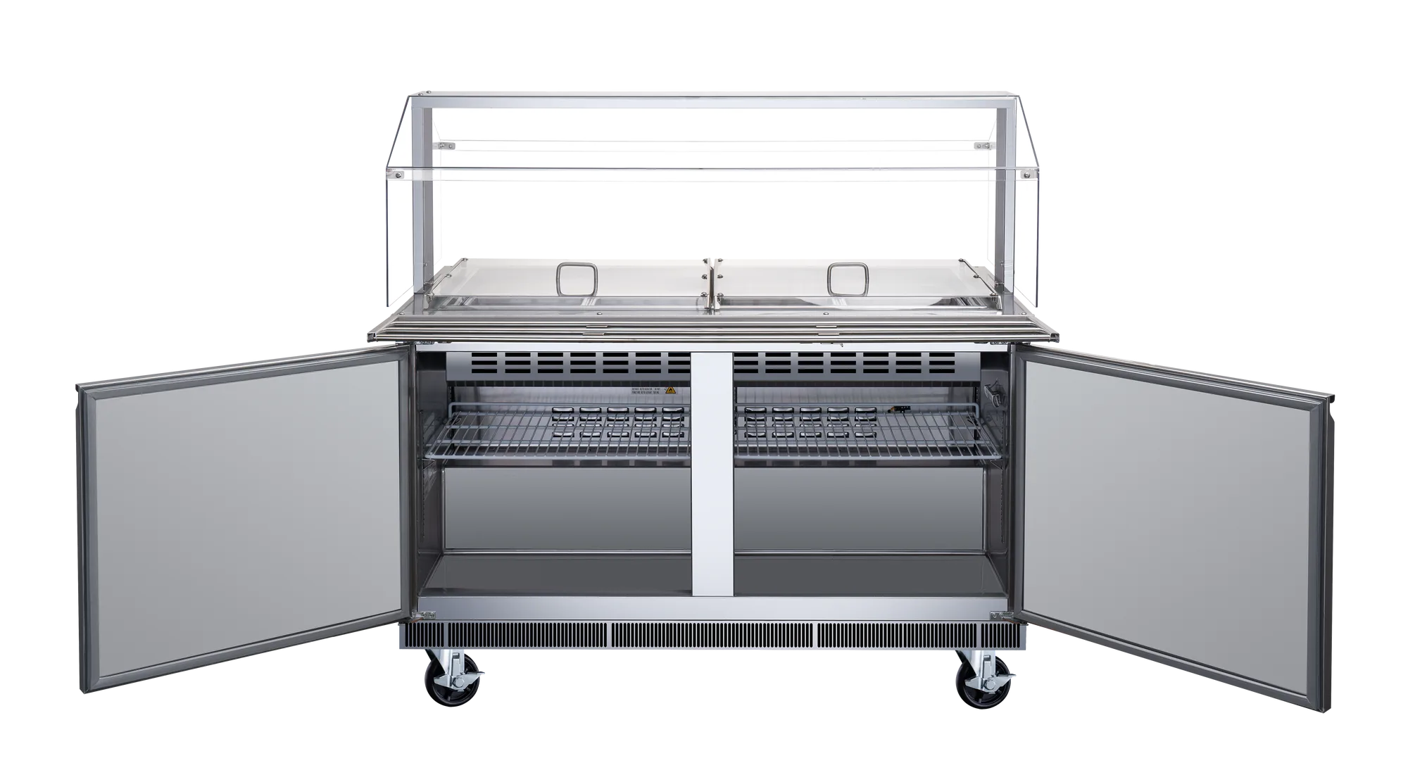 60″ Stainless Steel Refrigerated Salad Bar / Cold Food Table with Sneeze Guard, Tray Slide and Pan Covers