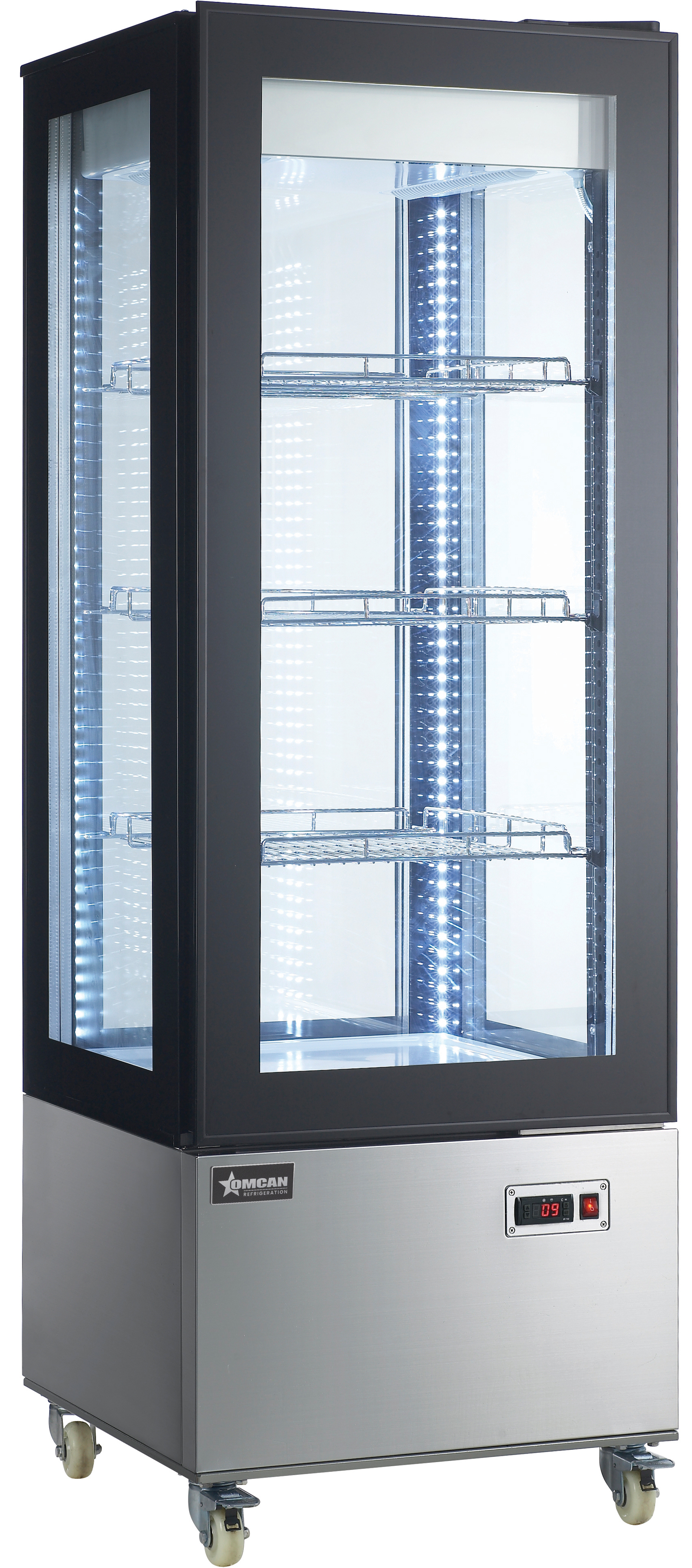 26″ Three (3) Shelf Refrigerated Display Case with Four-Sided Glass 75″ Tall, 14.14 cu.ft. (400 L), Stainless Steel