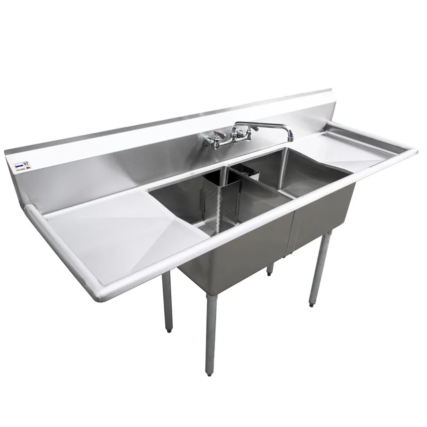 18″ x 18″ x 11″ 18-gauge stainless steel Two Tub Sink with 1.8″ Corner Drain and Two Drainboards