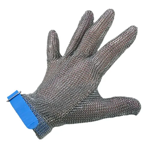 Five Finger Stainless Steel Mesh Glove with Blue Silicone Strap – Large