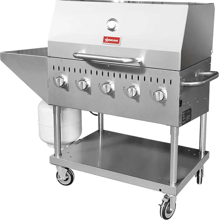 Stainless Steel Propane Outdoor BBQ Grill with 5 Burners, Top and Side Shelf and Roll Dome, 80000 BTU