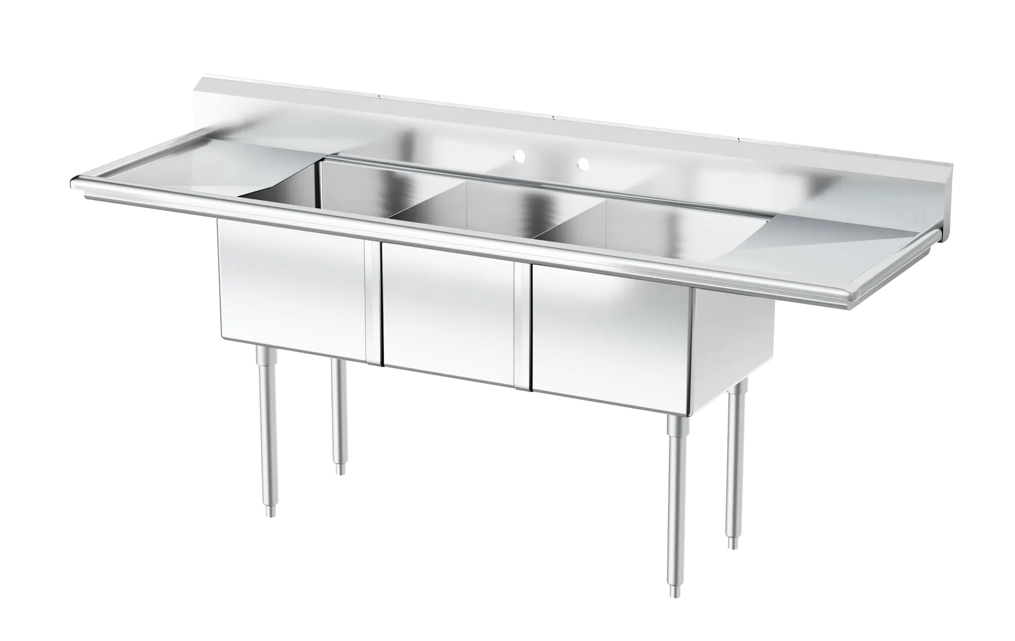 18″ x 21″ x 14″ 18-gauge stainless steel Three Tub Sink with 1.8″ Corner Drain and Two Drainboards