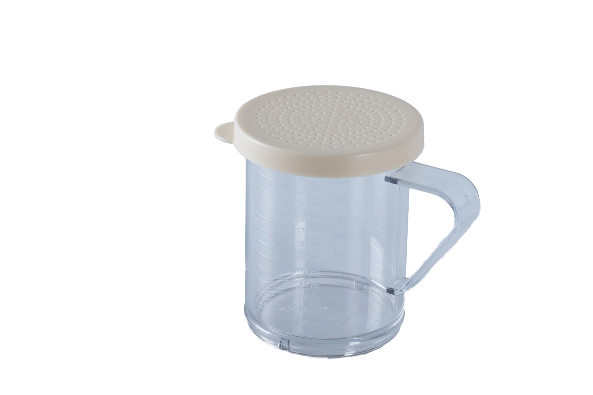 10 oz Polycarbonate Dredge with Beige Lid & 1.2 mm Hole for Finely Ground Products NSF