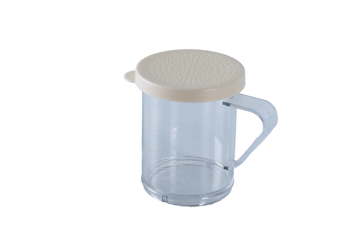 10 oz Polycarbonate Dredge with Beige Lid & 1.2 mm Hole for Finely Ground Products NSF