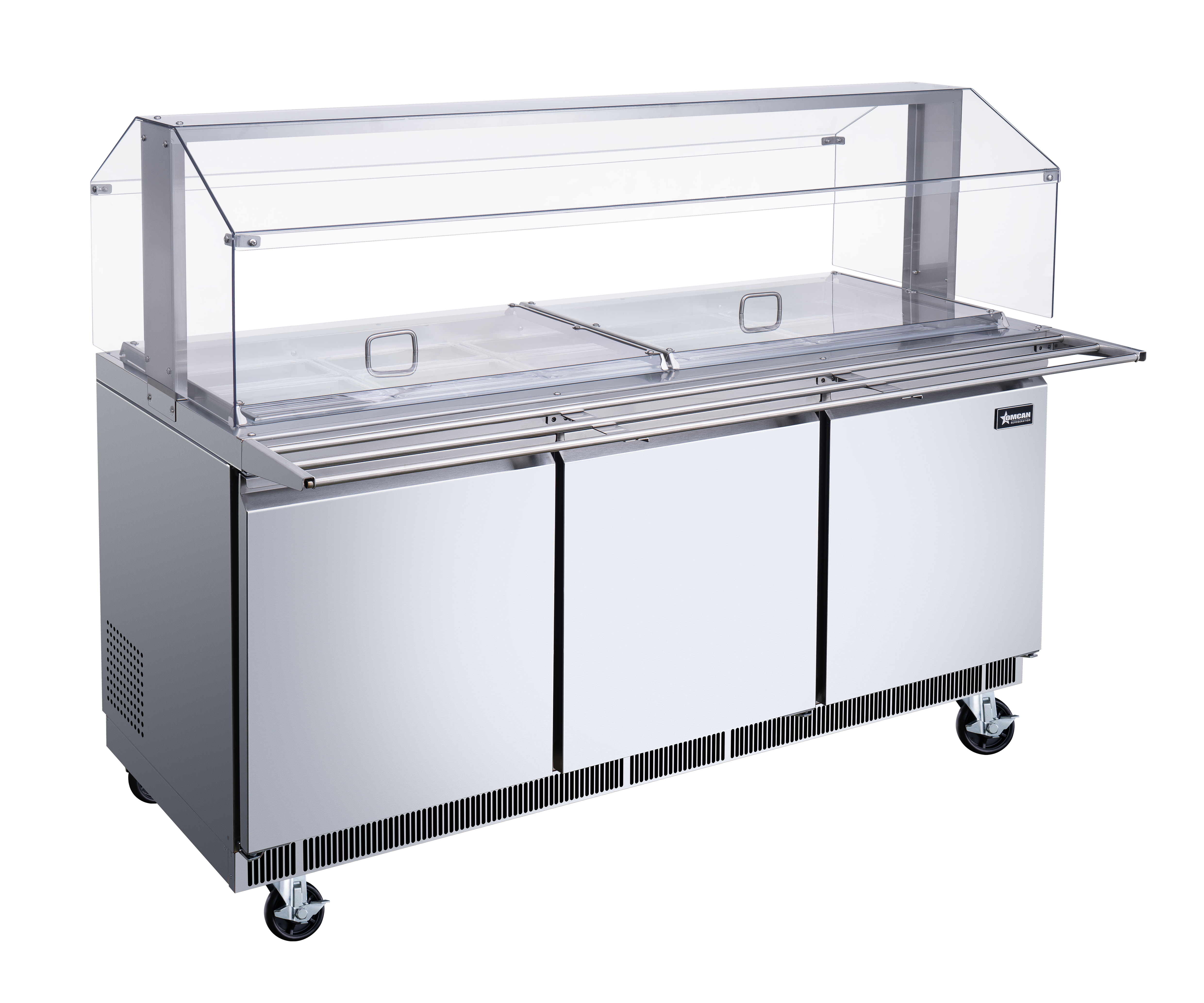 72″ Stainless Steel Refrigerated Salad Bar / Cold Food Table with Sneeze Guard, Tray Slide and Pan Covers