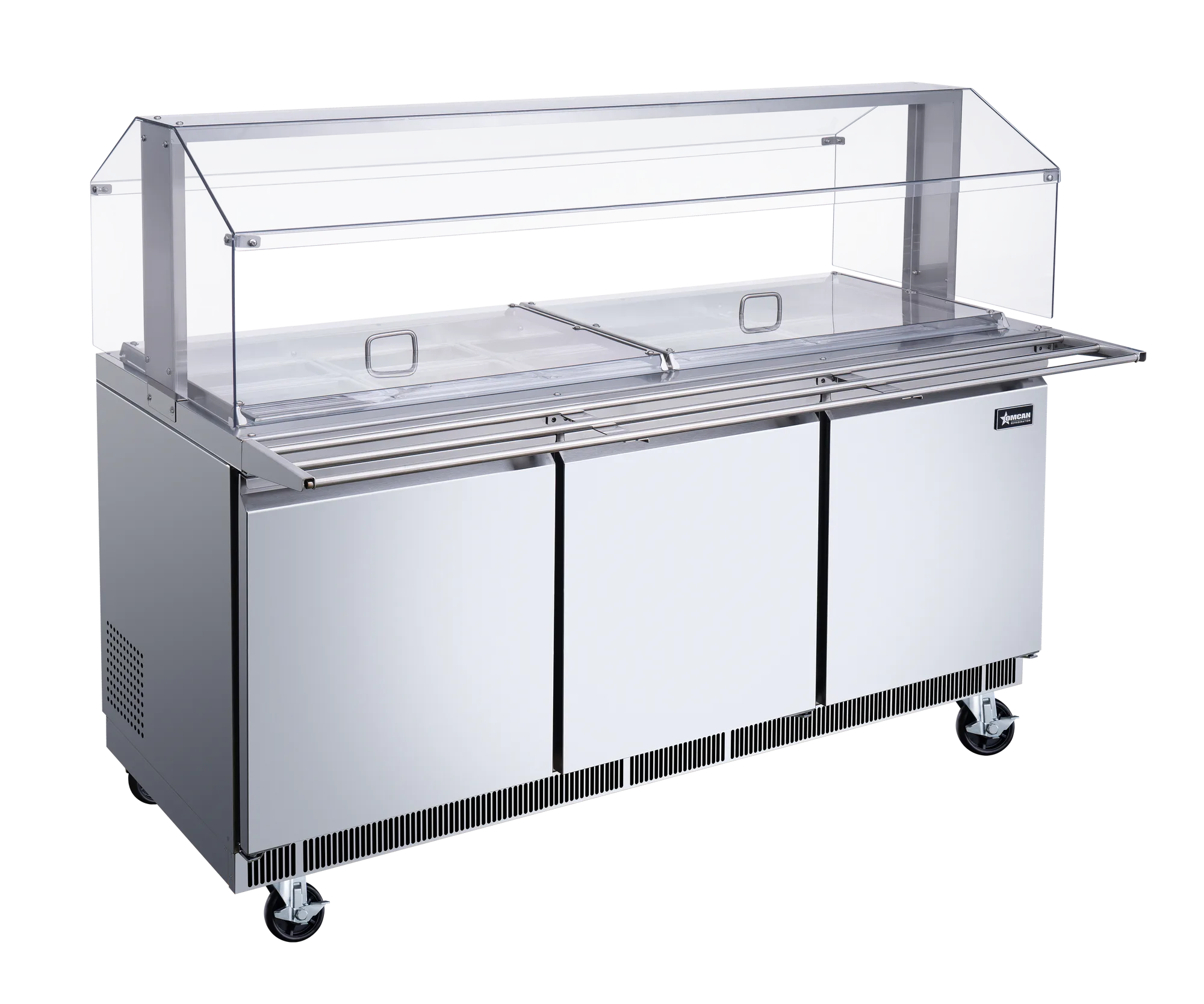 72″ Stainless Steel Refrigerated Salad Bar / Cold Food Table with Sneeze Guard, Tray Slide and Pan Covers