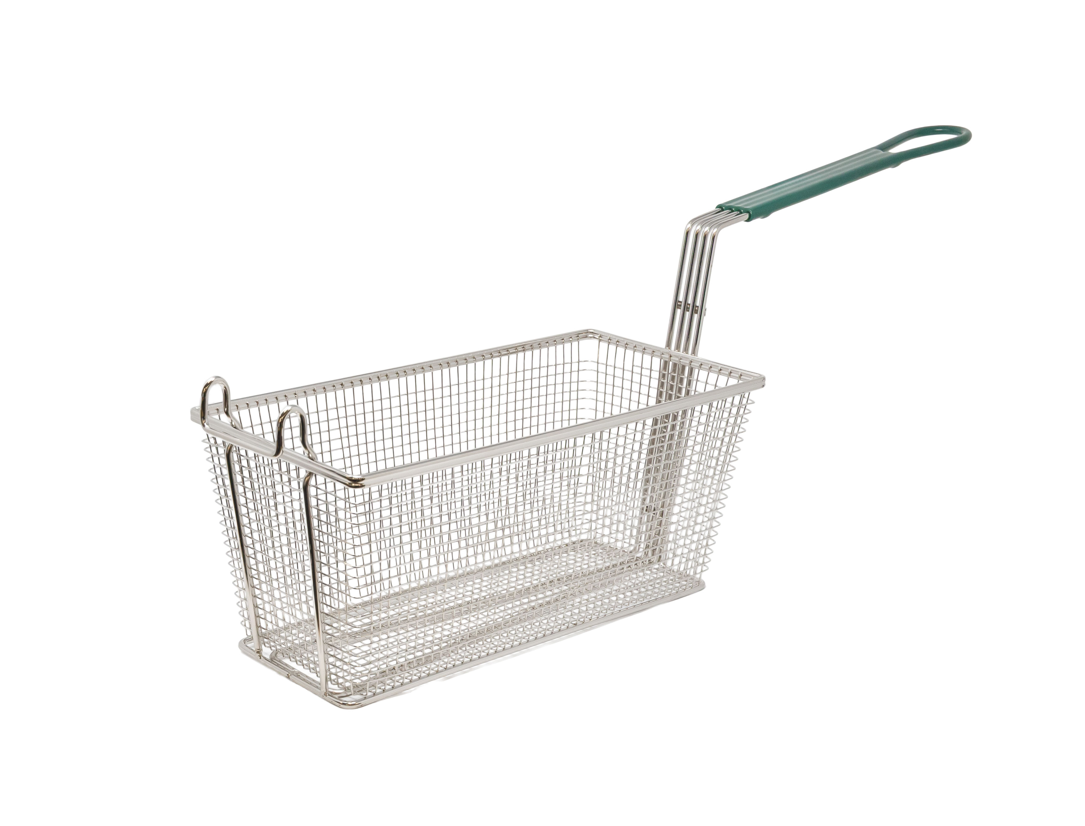 13 1/4" x 6 1/2" x 6" Nickel-Plated Iron Fryer Basket with Green Handle