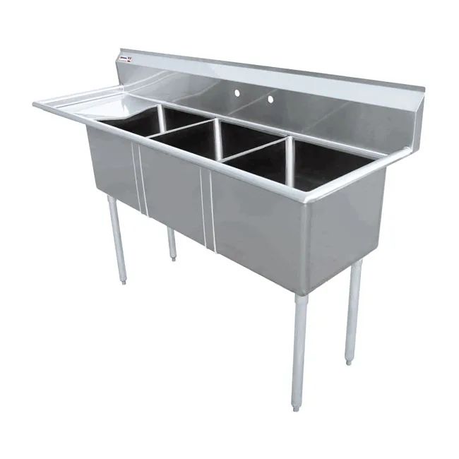 18″ x 21″ x 14″ 18-gauge stainless steel Three Tub Sink with 3.5″ Center Drain and Left Drainboard