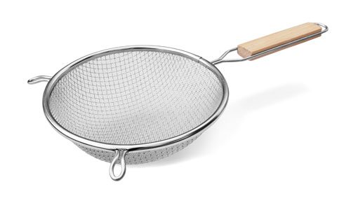 11″ Tinned Double Mesh Strainer with Flat Wood Handle