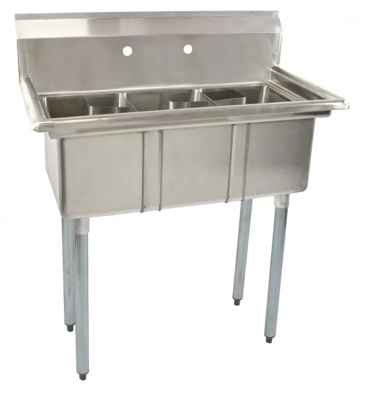 10″ x 14″ x 10″ Stainless Steel Three Tub Space Saver Sink without Drainboard with Corner Drain