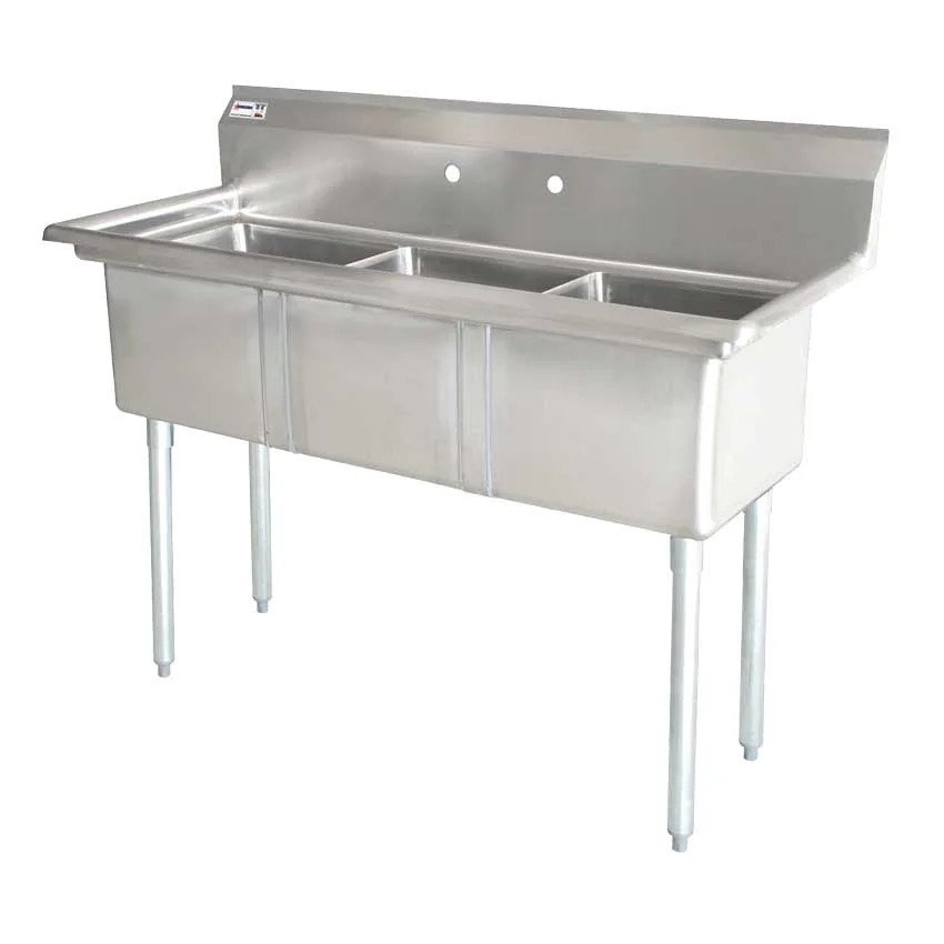 18″ x 21″ x 14″ 18-gauge stainless steel Three Tub Sink with 3.5″ Center Drain Without Drainboard